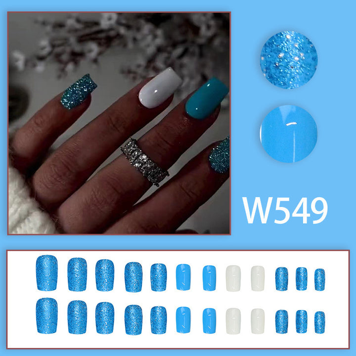 Blue glitter powder, white jade, elegant appearance, stylish outfit, beautiful nails