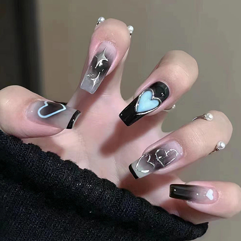 Cool Dark Star Heart Long Style Nail Art