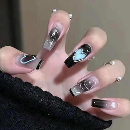 Cool Dark Star Heart Long Style Nail Art