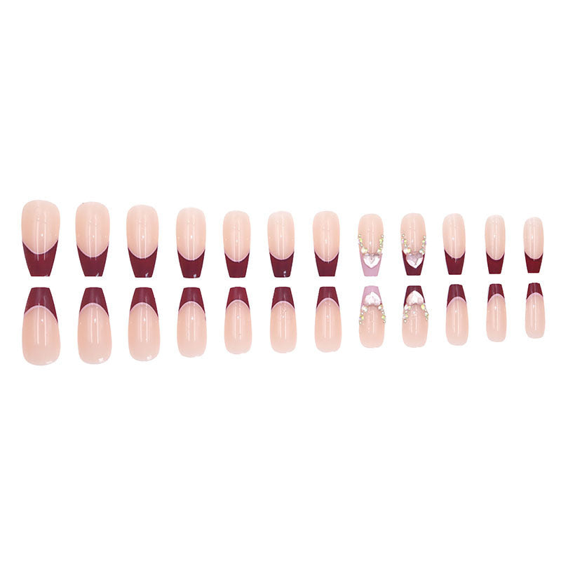 Simple long-style heart-shaped rhinestone manicure