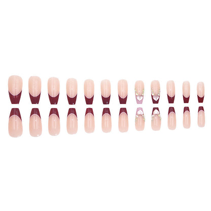 Simple long-style heart-shaped rhinestone manicure