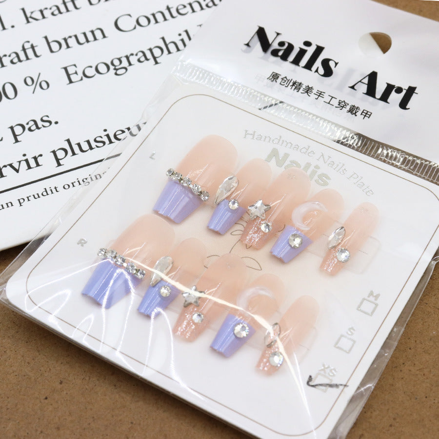 Purple French-style star and moon diamond glitter pure erotic nail art