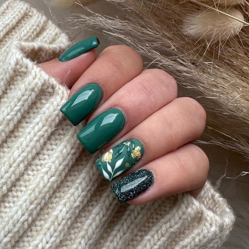 Retro forest gold foil leaves black nail polish