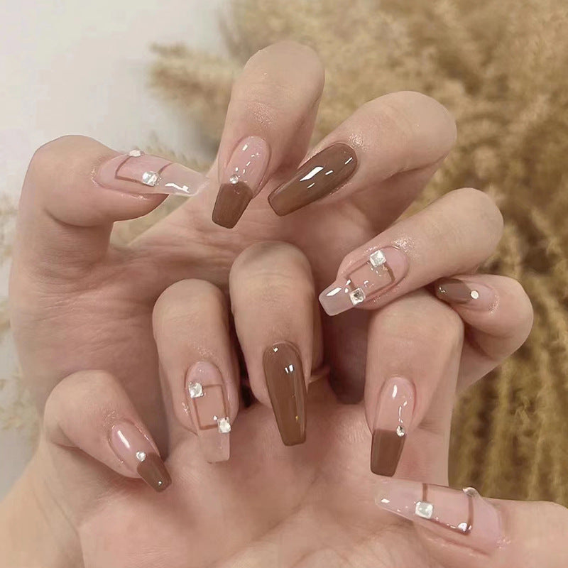 High-end style square diamond sparkly brown nail polish