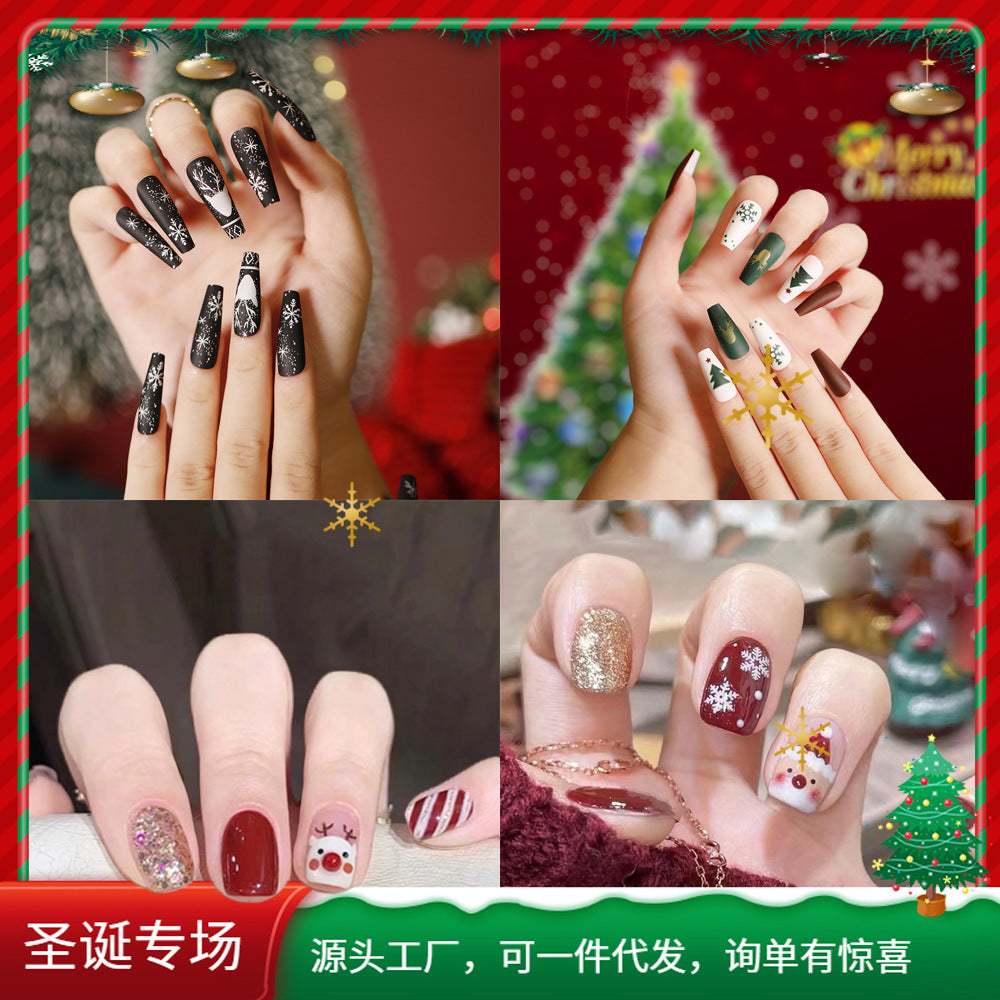 冬季甜美卡通圣诞穿戴甲雪花圣诞老人美甲假指甲贴片圣诞合集