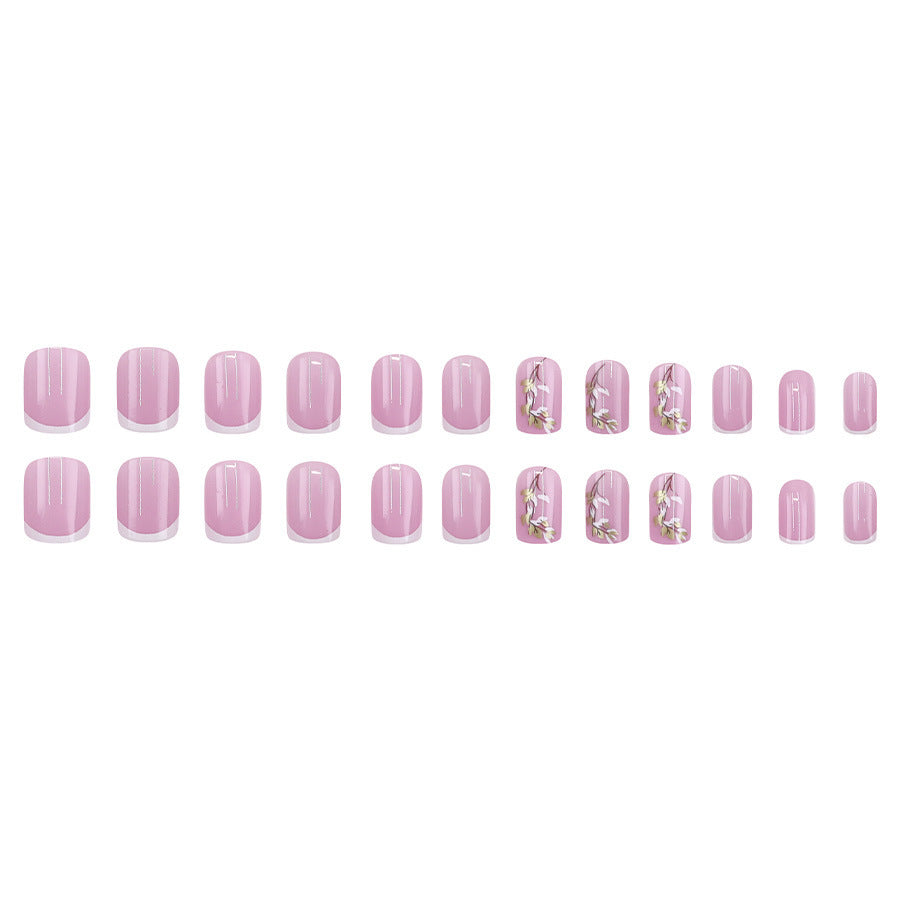 Fashionable and unique ripple glitter peach-colored almond flower painted leaf small flower nail art