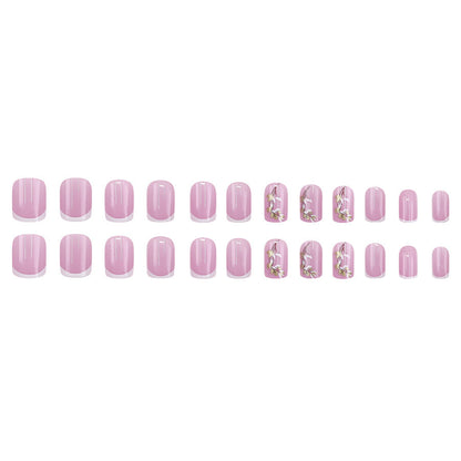 Fashionable and unique ripple glitter peach-colored almond flower painted leaf small flower nail art