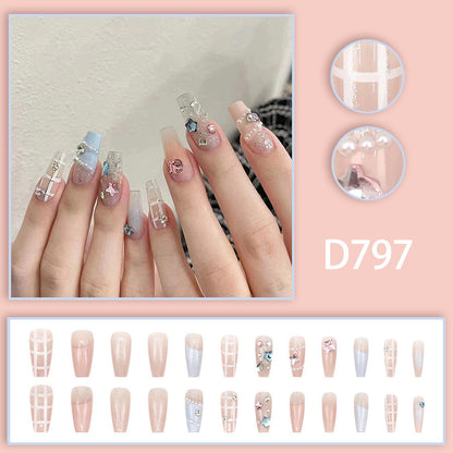 Pink-blue girl sweetheart fairy chessboard pattern ballet long nails manicure
