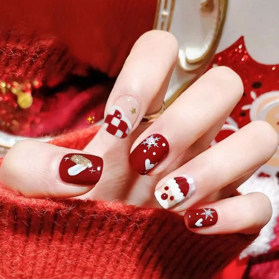 Santa Claus snowflake red checkered heart nail art