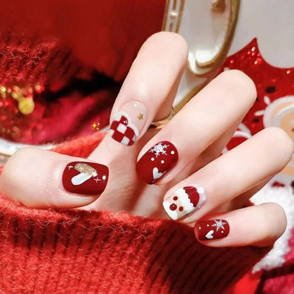 Santa Claus snowflake red checkered heart nail art