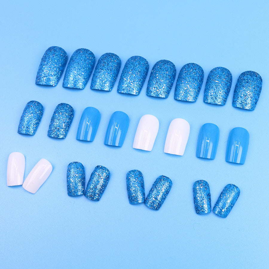 Blue glitter powder, white jade, elegant appearance, stylish outfit, beautiful nails