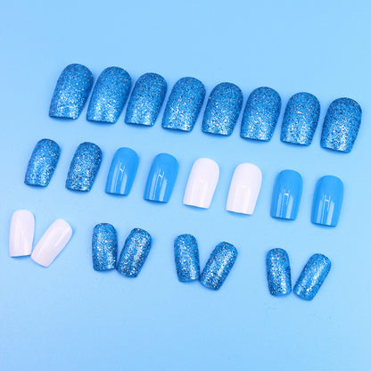 Blue glitter powder, white jade, elegant appearance, stylish outfit, beautiful nails