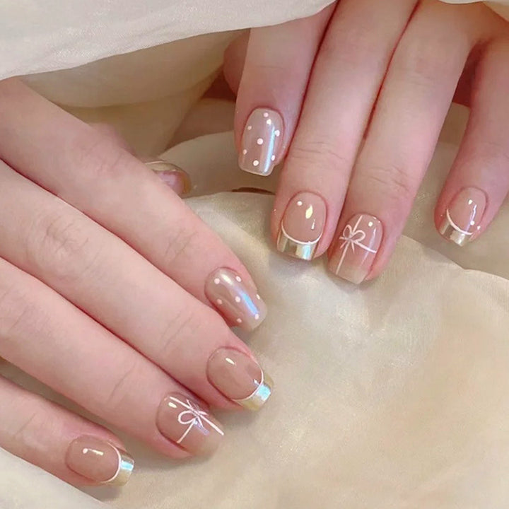 Bare skin, in the style of Instagram, sweet girl with bow and polka dot pattern clothing and nail decoration.