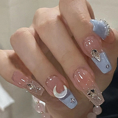 Purple French-style star and moon diamond glitter pure erotic nail art
