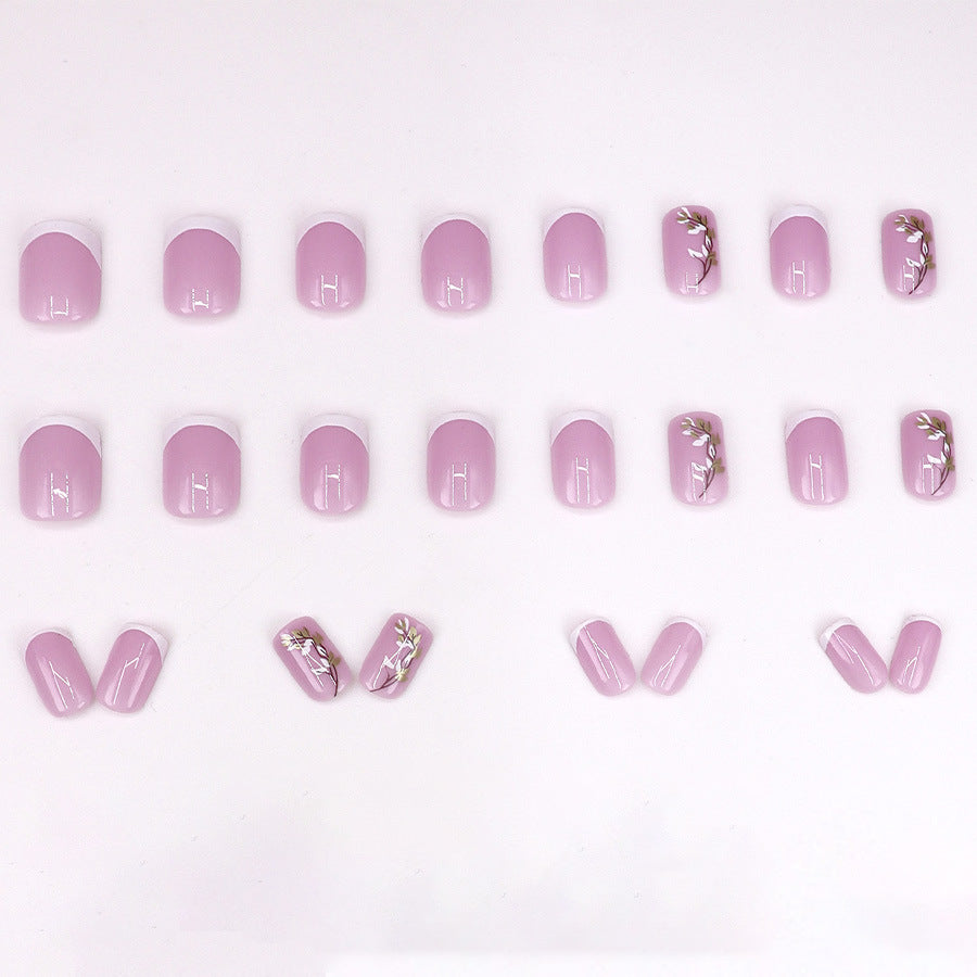 Fashionable and unique ripple glitter peach-colored almond flower painted leaf small flower nail art