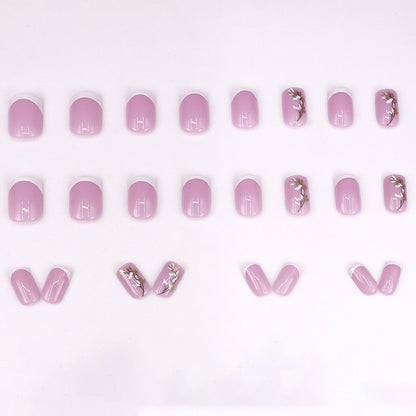 Fashionable and unique ripple glitter peach-colored almond flower painted leaf small flower nail art