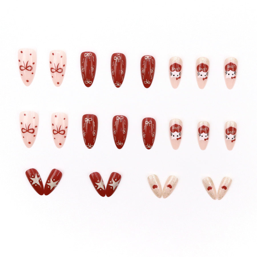 Christmas red Kitty cat bow tie star almond-shaped nail polish
