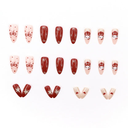 Christmas red Kitty cat bow tie star almond-shaped nail polish