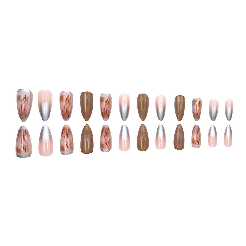 Coffee-colored silver marble-patterned manicure