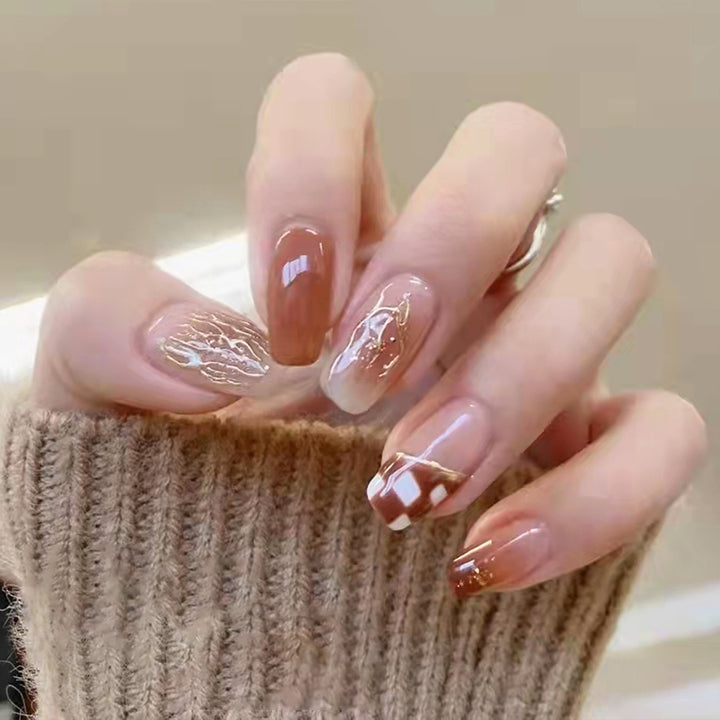 Chessboard glittering powder long-style nail polish