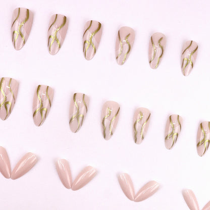 Fashionable and unique ripple glitter pink almond-shaped nail art