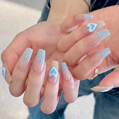 Blue gradient heart simple and cute nail art