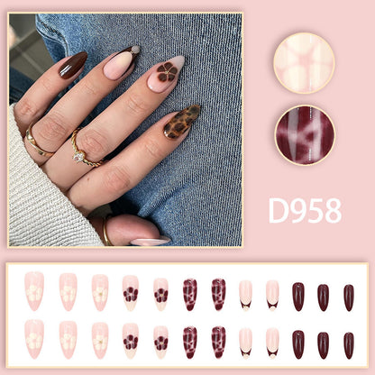 Dark brown flower leopard print almond-shaped nail polish