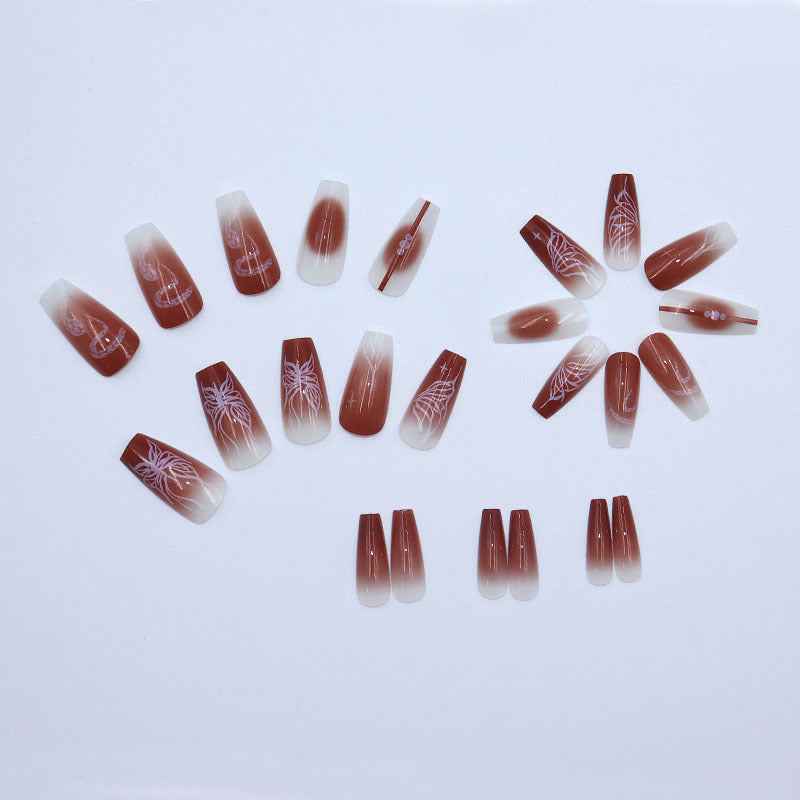 Long-style alluring butterfly snake-patterned dark brown sensual style nail art