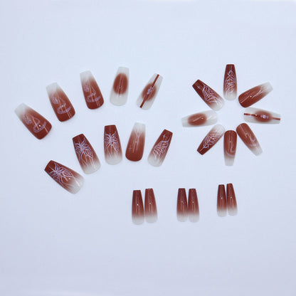 Long-style alluring butterfly snake-patterned dark brown sensual style nail art