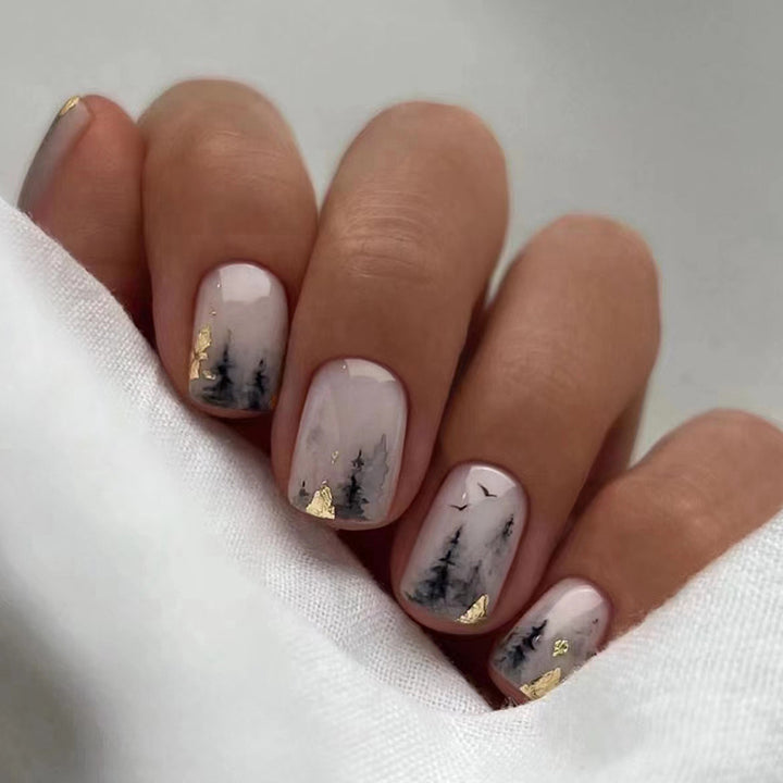 Retro ink wash painting, chic and natural style of dress and manicure