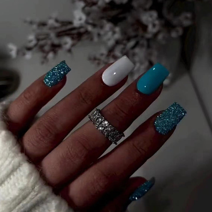 Blue glitter powder, white jade, elegant appearance, stylish outfit, beautiful nails