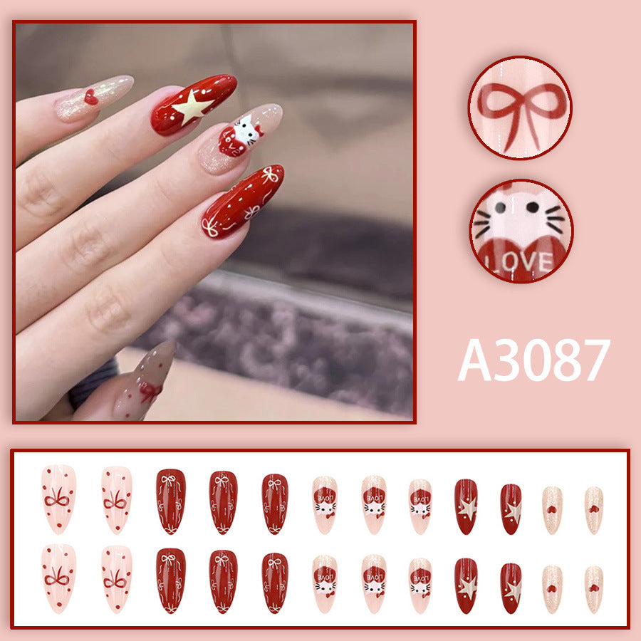 Christmas red Kitty cat bow tie star almond-shaped nail polish