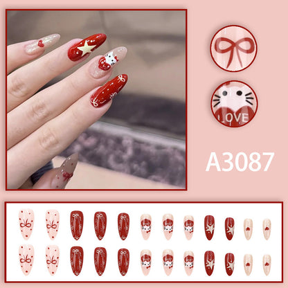 Christmas red Kitty cat bow tie star almond-shaped nail polish