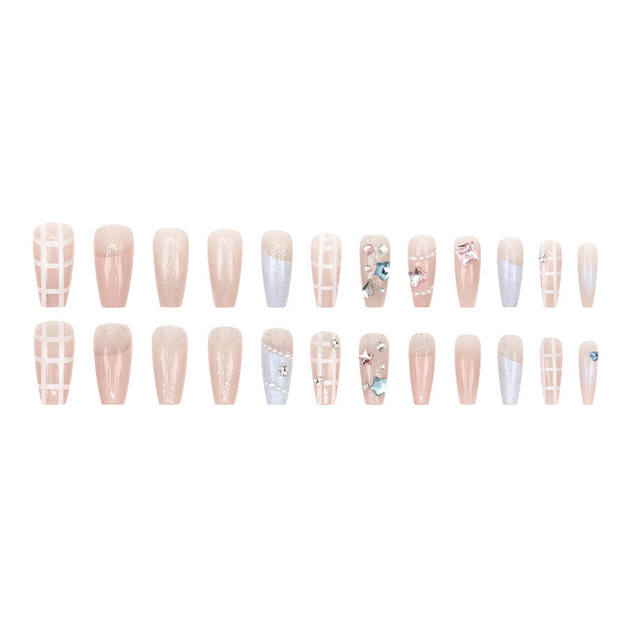Pink-blue girl sweetheart fairy chessboard pattern ballet long nails manicure