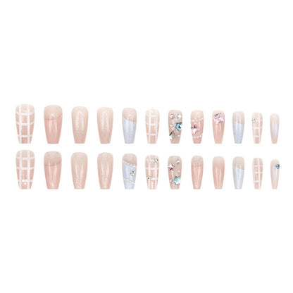 Pink-blue girl sweetheart fairy chessboard pattern ballet long nails manicure