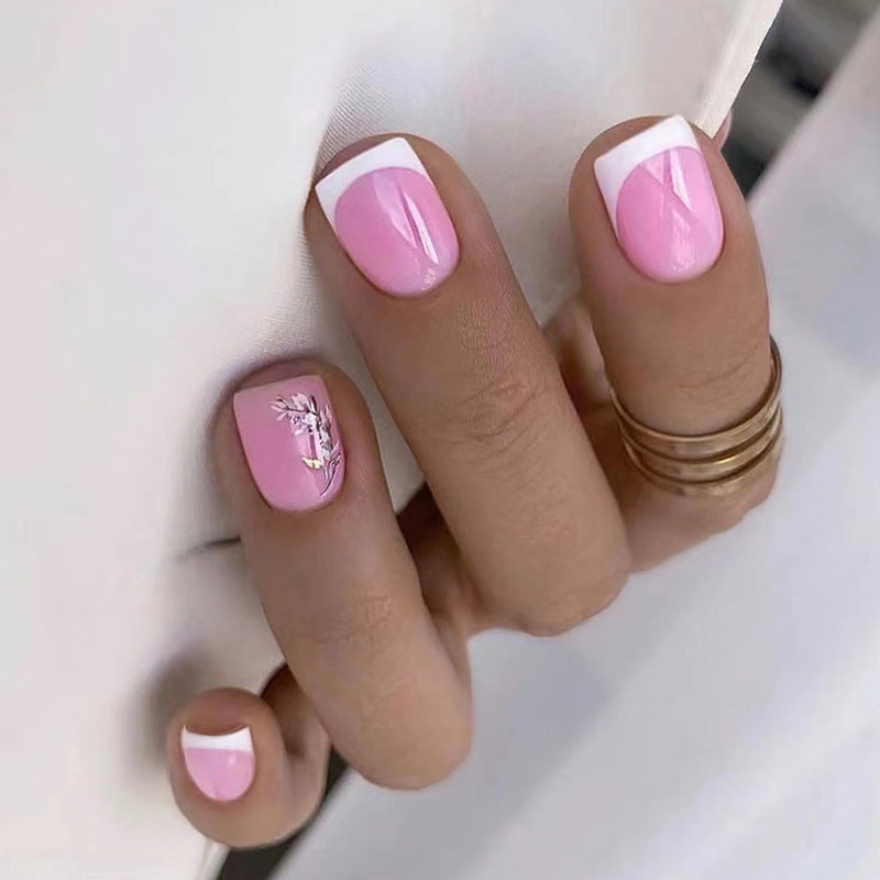Fashionable and unique ripple glitter peach-colored almond flower painted leaf small flower nail art