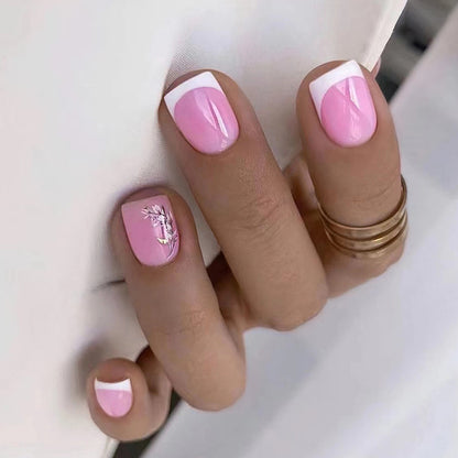 Fashionable and unique ripple glitter peach-colored almond flower painted leaf small flower nail art