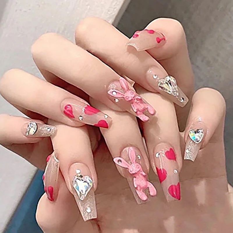 Pink rabbit glittering diamond style heart-shaped nail polish