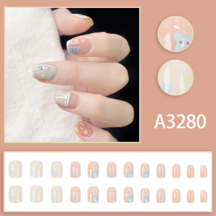 短款可爱手绘卡通小熊夏日小清新涂鸦美甲成品指甲贴片穿戴甲24片