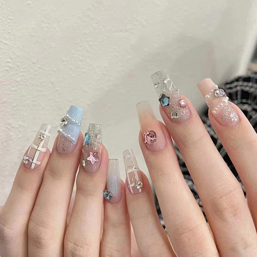 Pink-blue girl sweetheart fairy chessboard pattern ballet long nails manicure