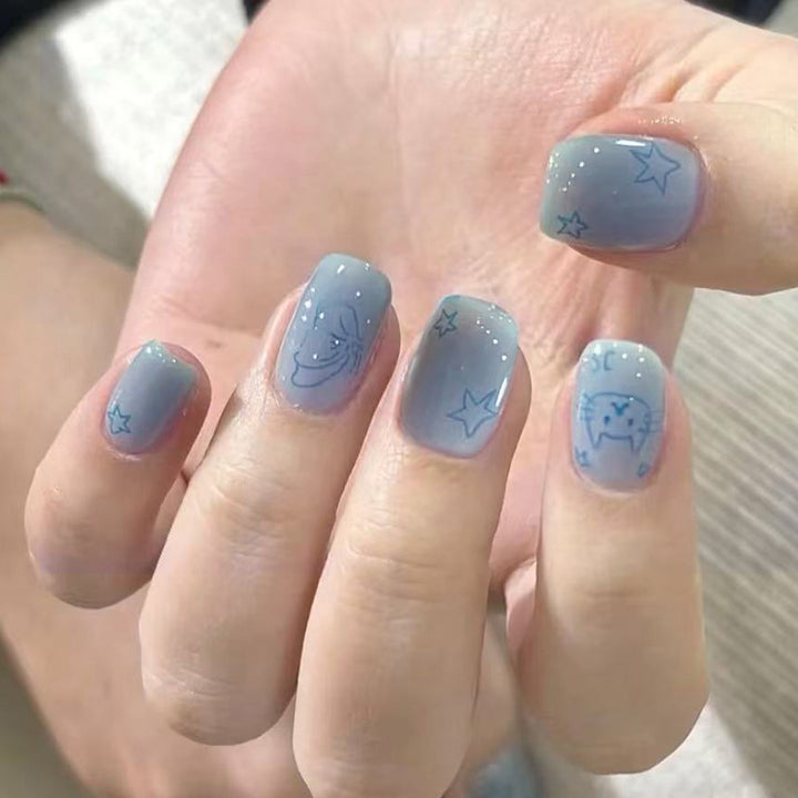 Childish Cute Cat Blue Star Nails