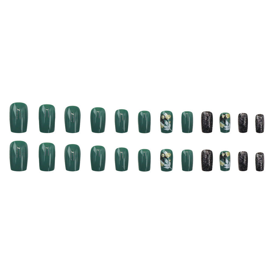 Retro forest gold foil leaves black nail polish
