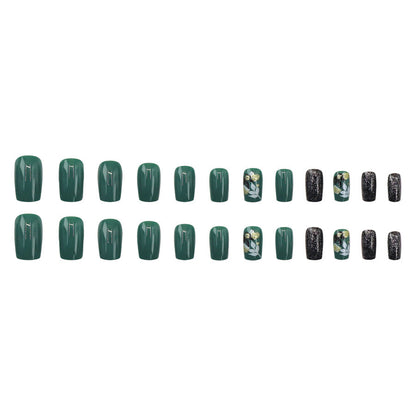 Retro forest gold foil leaves black nail polish