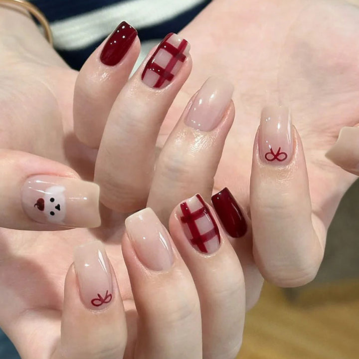 Cherry-dog style, red checkered outfit, adorned with nail polish.