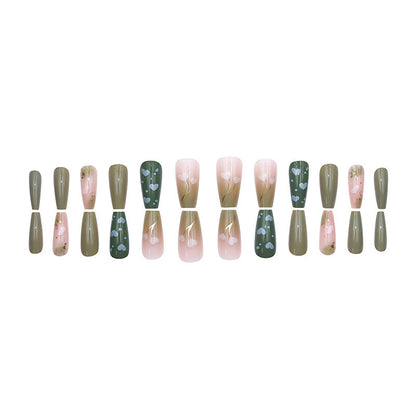 Green minimalist heart-shaped flower nail art