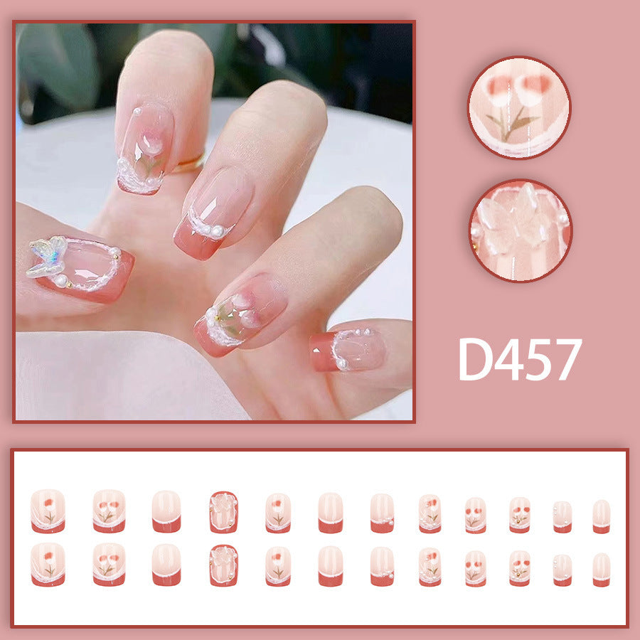 Tulip flower high-end style dazzling pearl three-dimensional butterfly diamond nail art