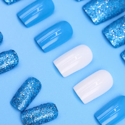 Blue glitter powder, white jade, elegant appearance, stylish outfit, beautiful nails