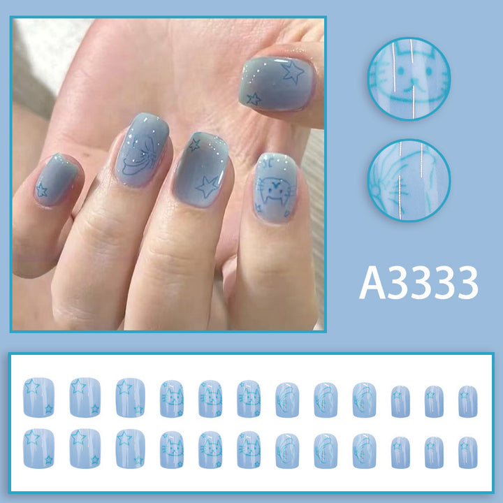 Childish Cute Cat Blue Star Nails
