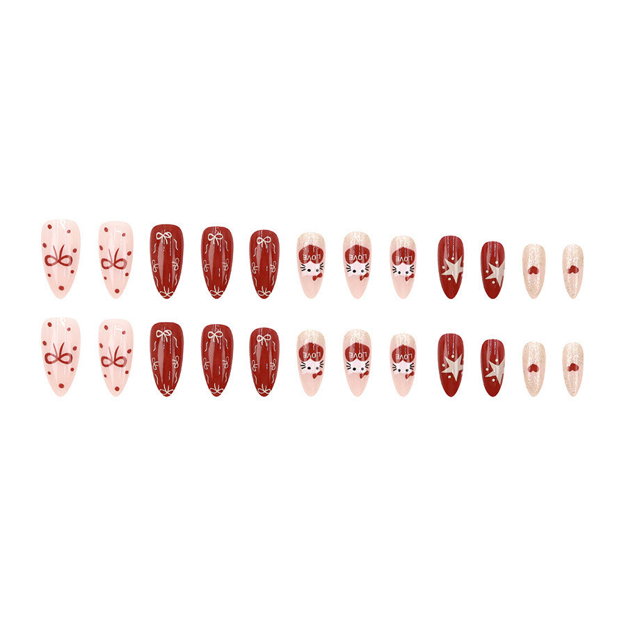 Christmas red Kitty cat bow tie star almond-shaped nail polish