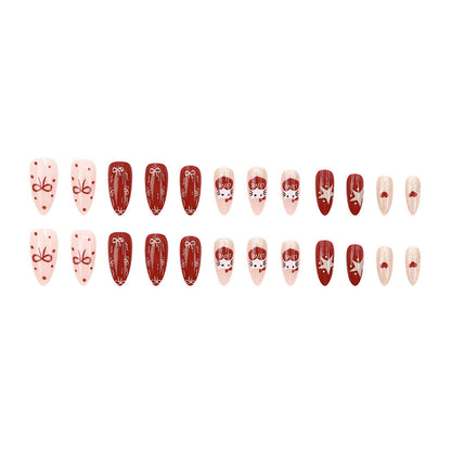 Christmas red Kitty cat bow tie star almond-shaped nail polish